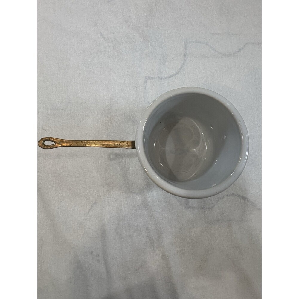 Vintage White Stoneware Double Boiler Pot Insert Copper & Brass Handle 1.5 QT